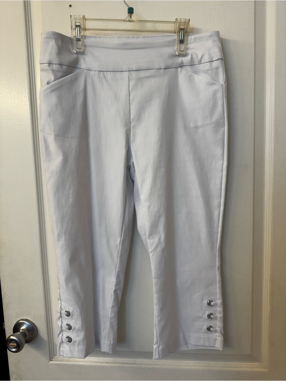 Women’s White Stretch Crop Pants with Embellished Bottom